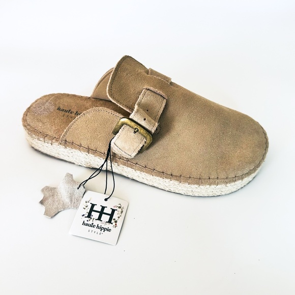 Haute Hippie Shoes - NEW Haute Hippie Aria Suede Mule Clogs Tan Beige Buckle Slip-On 10 NWT